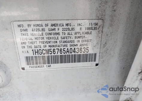 2005 Honda Accord 2.4 Ex from USA, damaged, VIN 1HGCM56765A043635